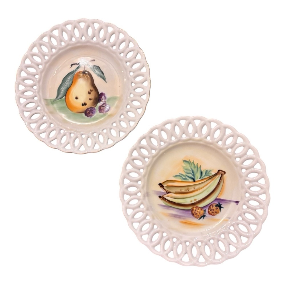 Vintage Reticulated Porcelain Cabinet Plates 8" Handpainted Fruit Set Of 2